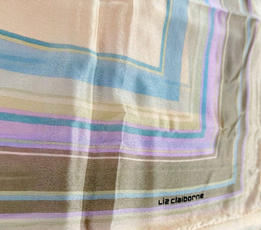 Vintage Liz Claiborne Silk Scarf Square Striped Pastel Beige Blue Violet 30"